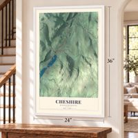 Cheshire, Massachusetts map, 24 x 36 inch print in a white frame by a staircase