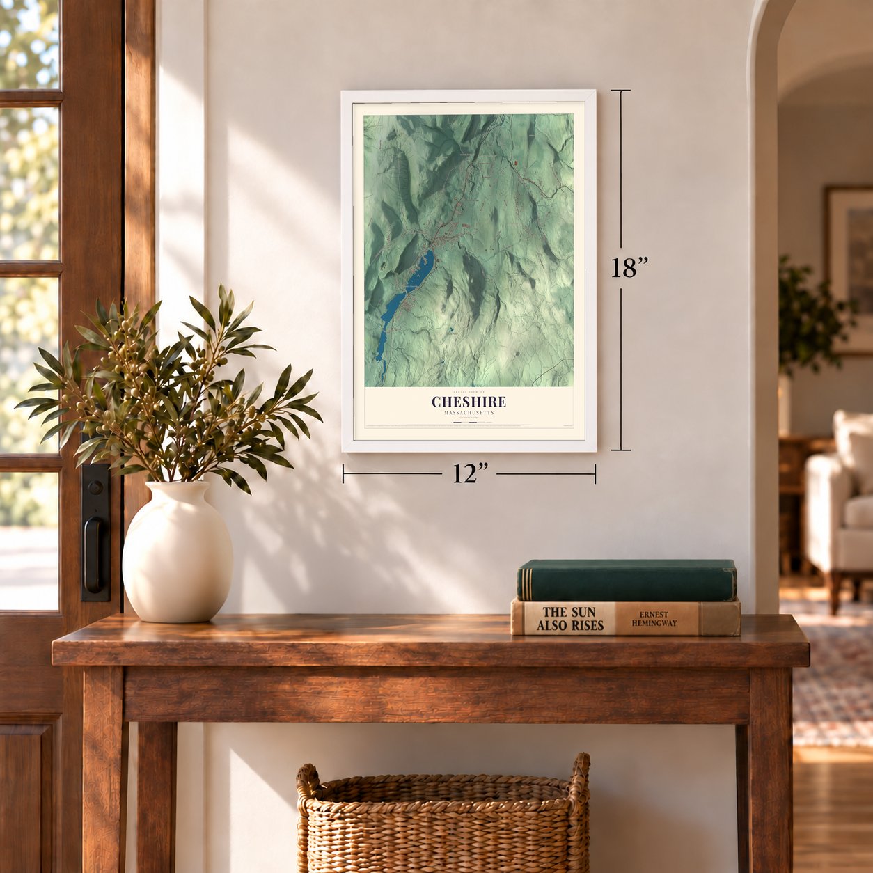 Cheshire, Massachusetts map, 12 x 18 inch print in a white frame in an entryway