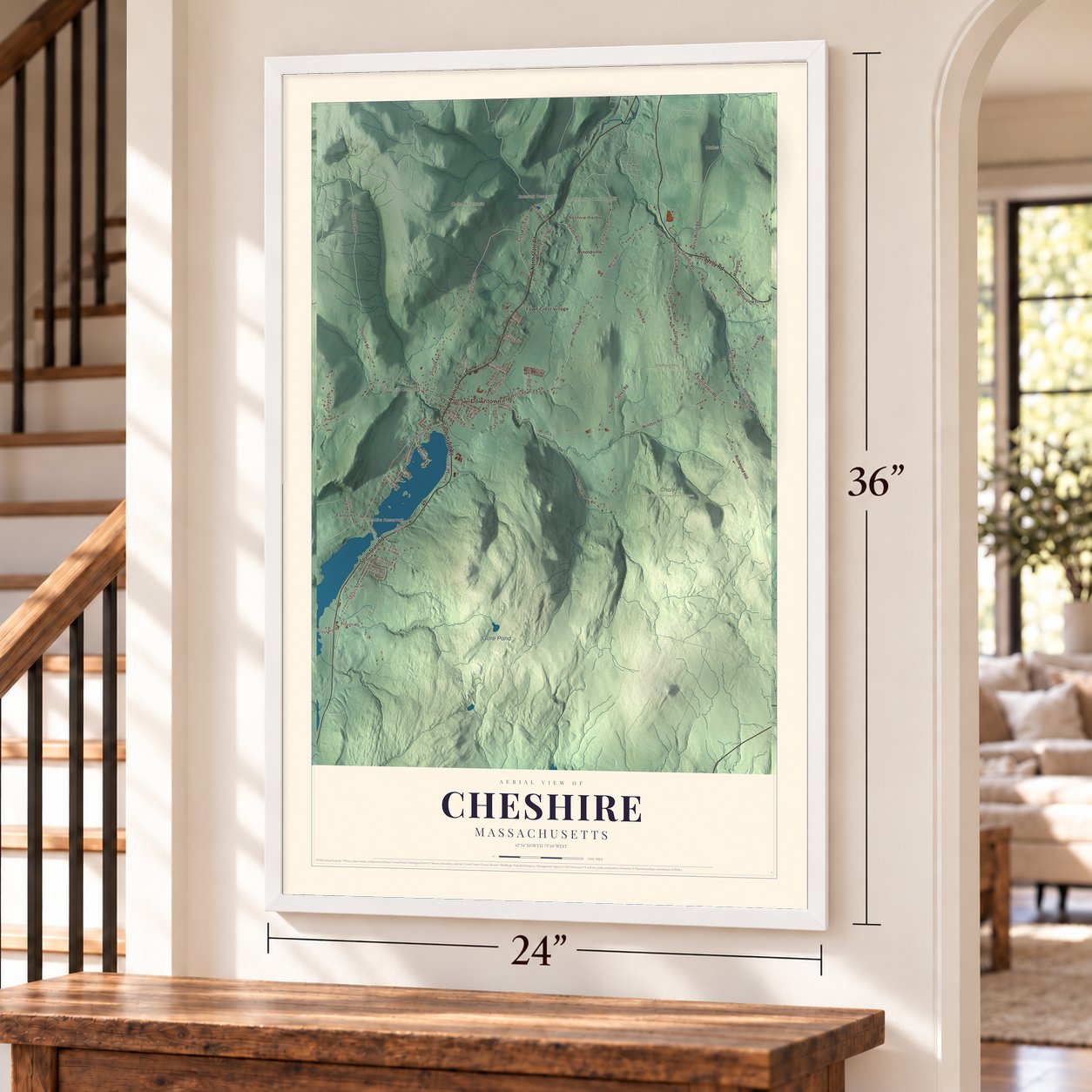 Cheshire, Massachusetts map, 24 x 36 inch print in a white frame by a staircase