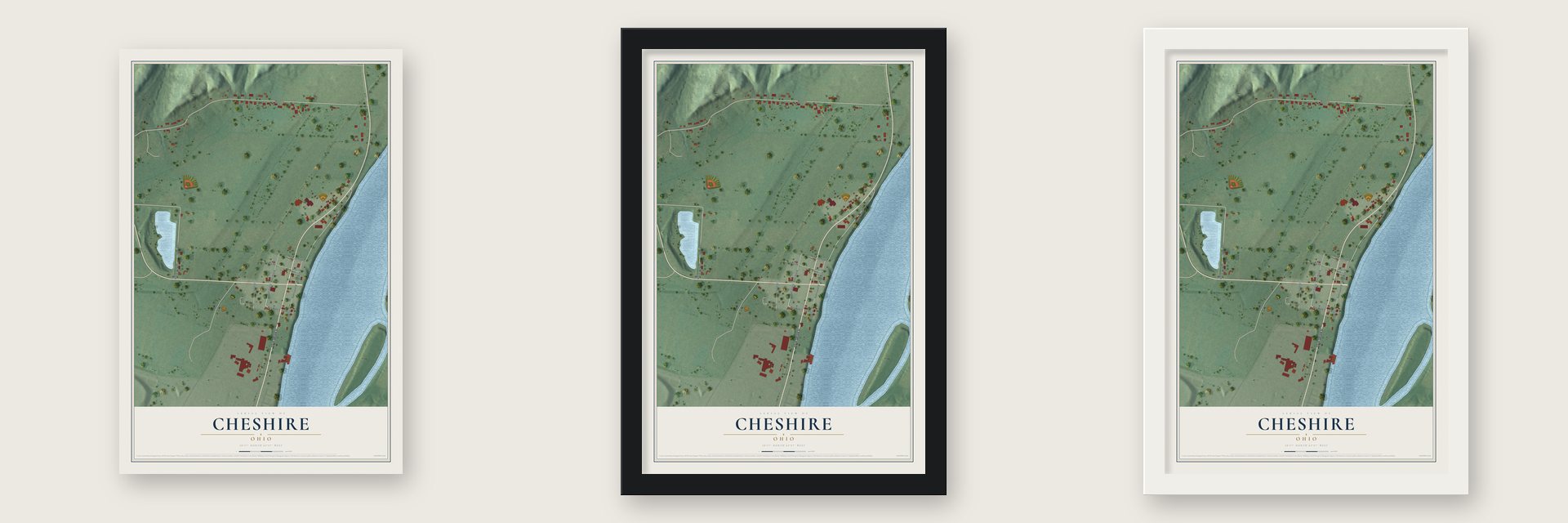 Cheshire, Ohio map unframed, in a black wood frame and in a white wood frame