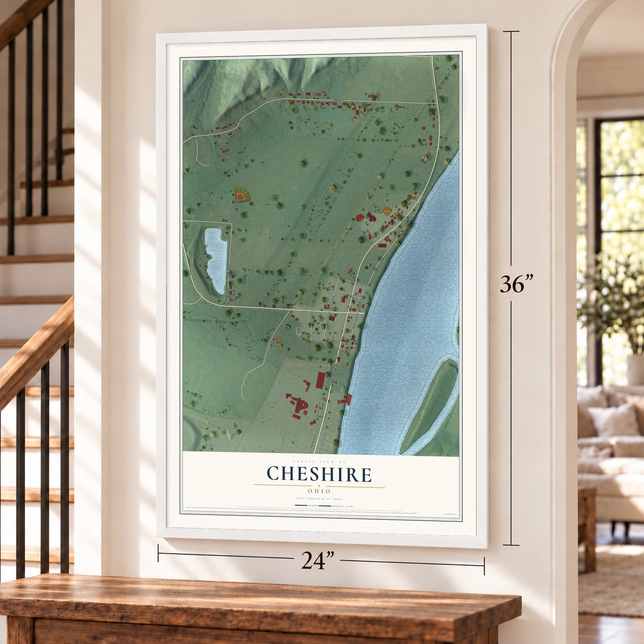Cheshire, Ohio map, 24 x 36 inch print in a white frame by a staircase