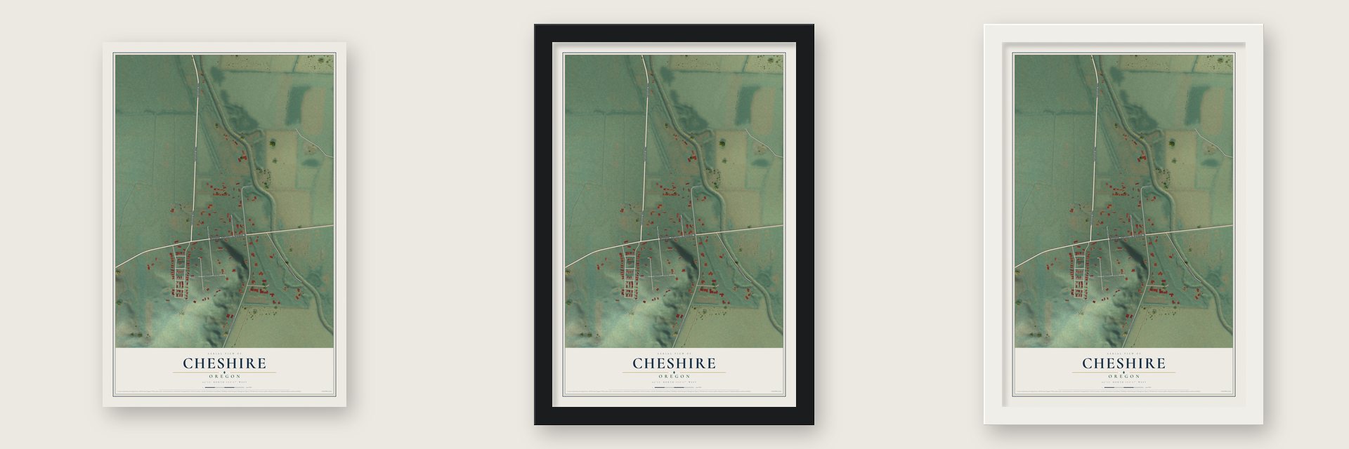 Cheshire, Oregon map unframed, in a black wood frame and in a white wood frame