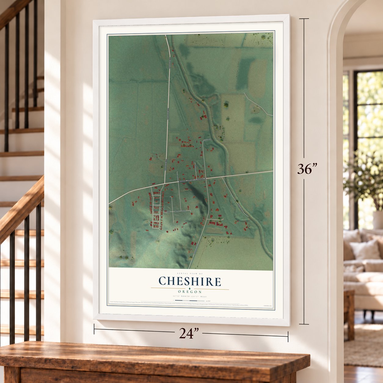 Cheshire, Oregon map, 24 x 36 inch print in a white frame by a staircase