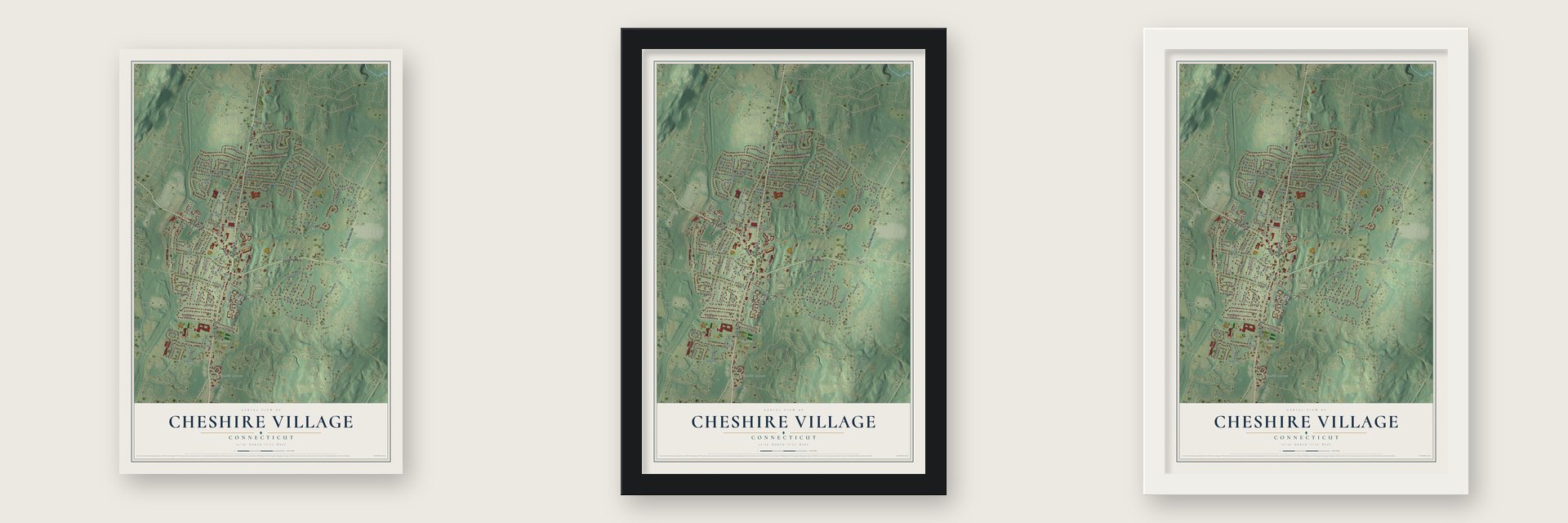 Cheshire Village, Connecticut map unframed, in a black wood frame and in a white wood frame