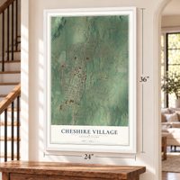 Cheshire Village, Connecticut map, 24 x 36 inch print in a white frame by a staircase