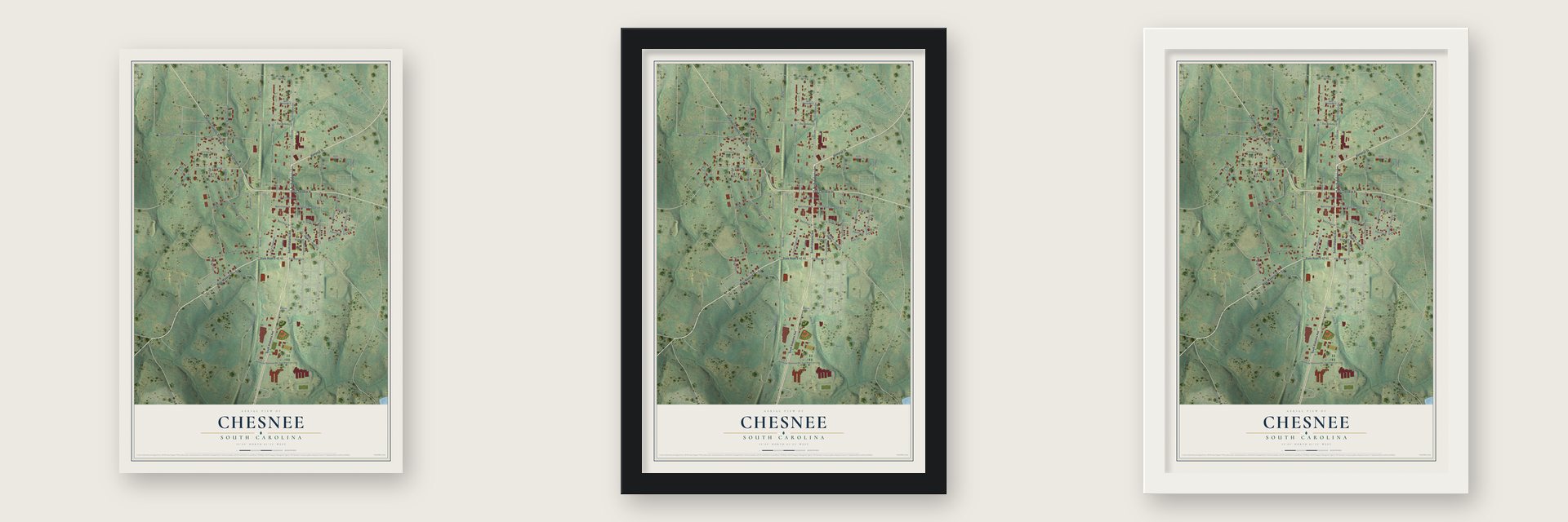 Chesnee, South Carolina map unframed, in a black wood frame and in a white wood frame