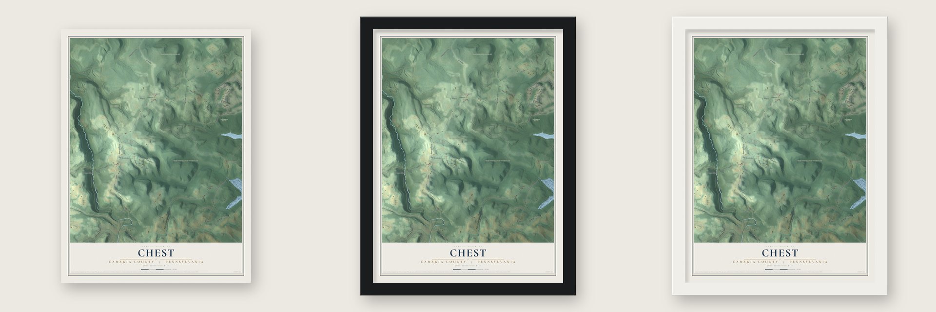 Chest, Cambria County, Pennsylvania map unframed, in a black wood frame and in a white wood frame