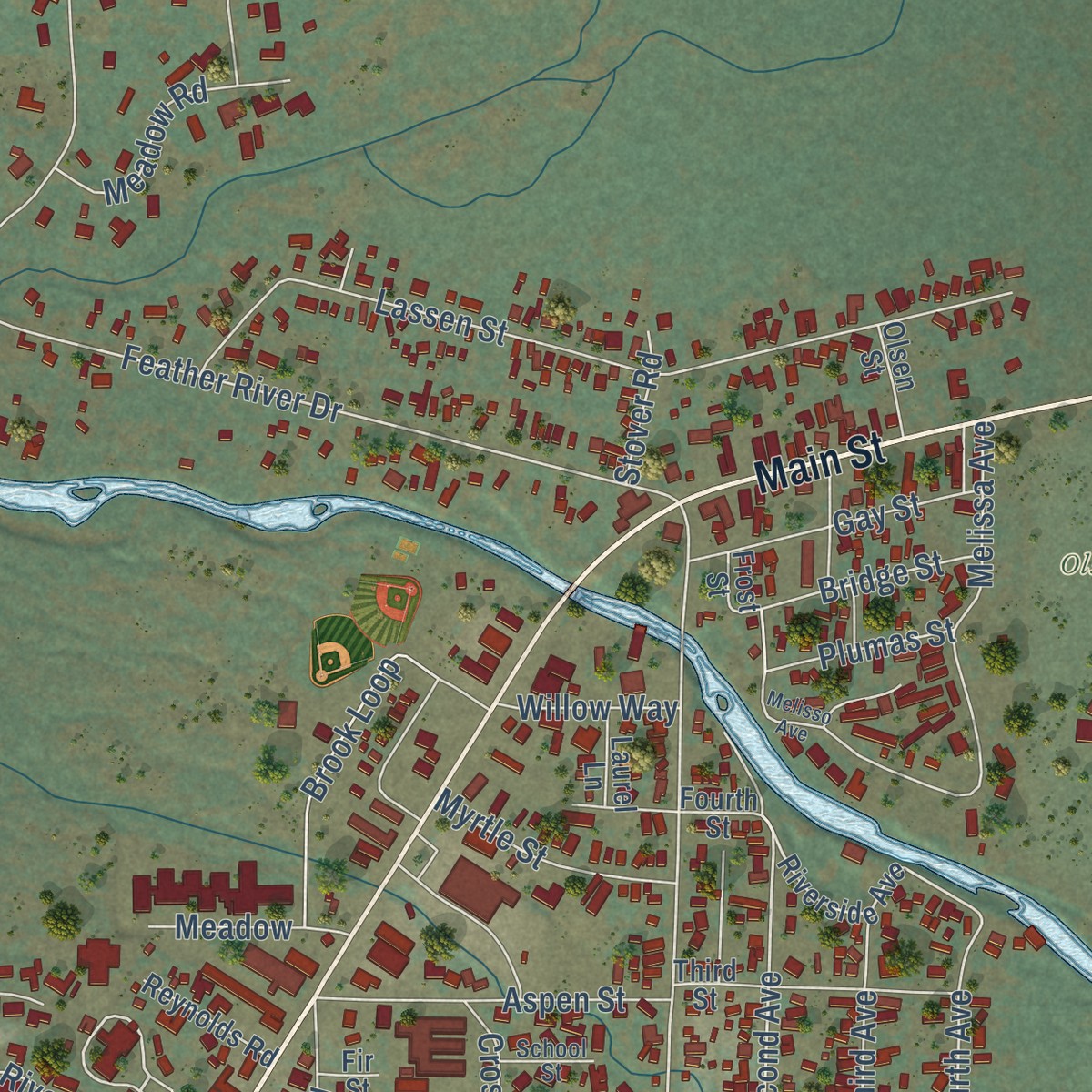 Second close-up of the map of Chester, California print showing more streets and buildings