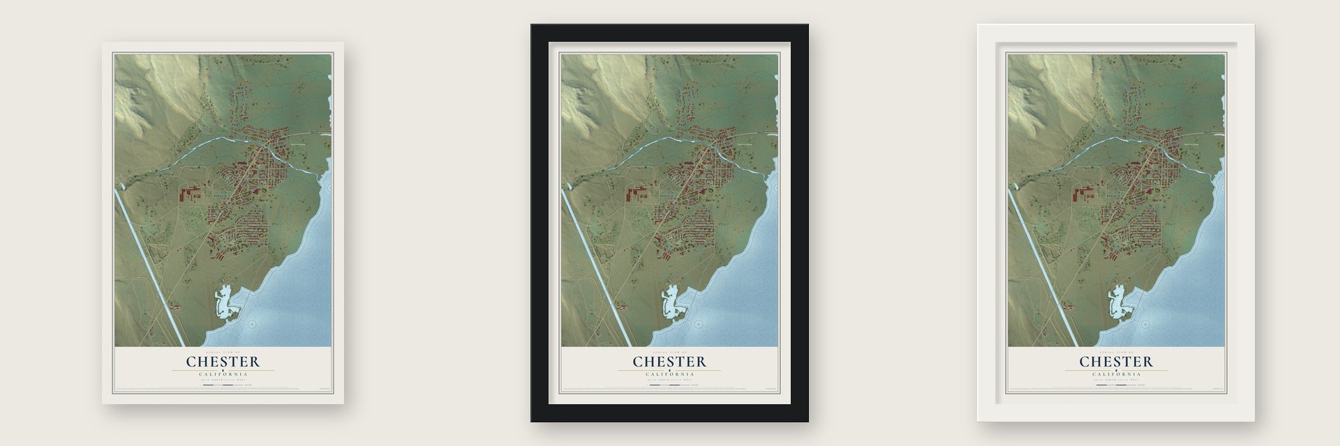 Chester, California map unframed, in a black wood frame and in a white wood frame