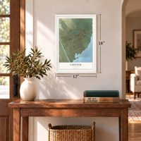 Chester, California map, 12 x 18 inch print in a white frame in an entryway