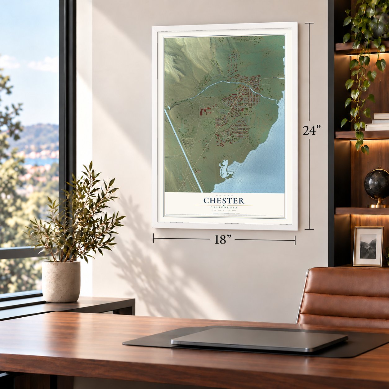 Chester, California map, 18 x 24 inch print in a white frame in a home office