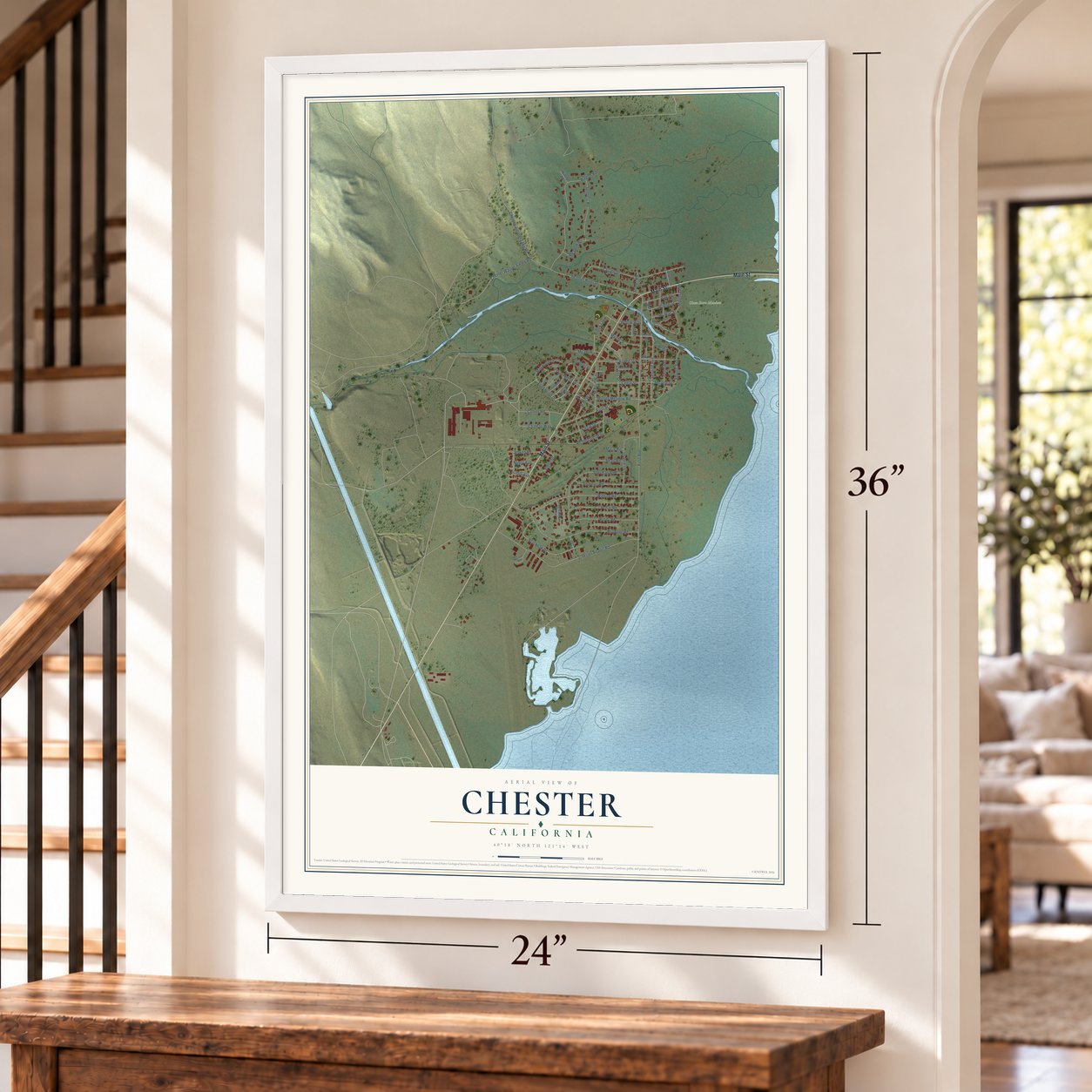 Chester, California map, 24 x 36 inch print in a white frame by a staircase