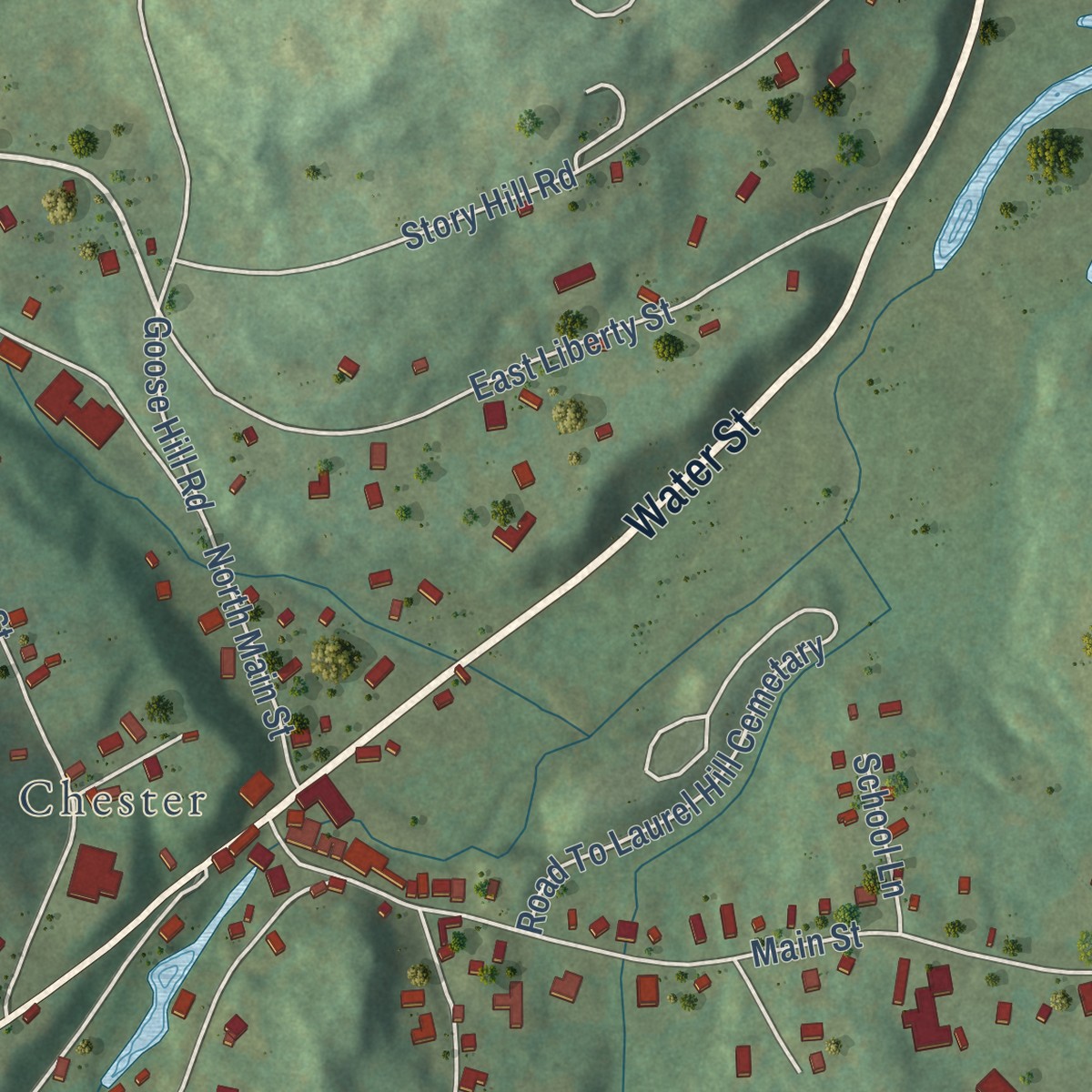 Second close-up of the map of Chester Center, Connecticut print showing more streets and buildings
