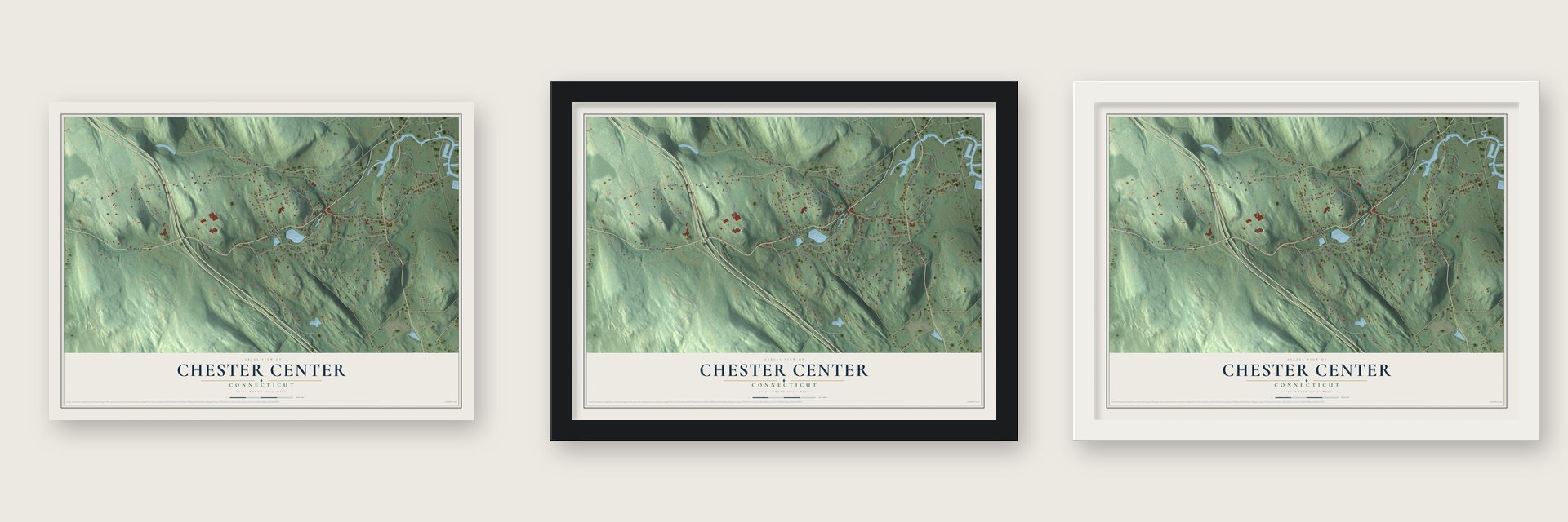 Chester Center, Connecticut map unframed, in a black wood frame and in a white wood frame