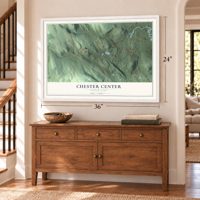 Chester Center, Connecticut map, 24 x 36 inch print in a white frame above a dresser by a staircase