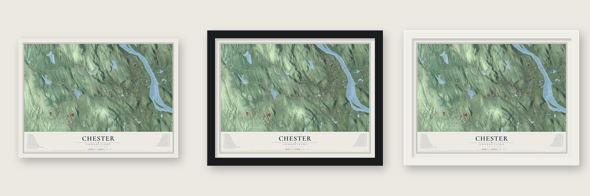 Chester, Connecticut map unframed, in a black wood frame and in a white wood frame