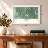 Chester, Connecticut map, 12 x 18 inch print in a white frame in an entryway