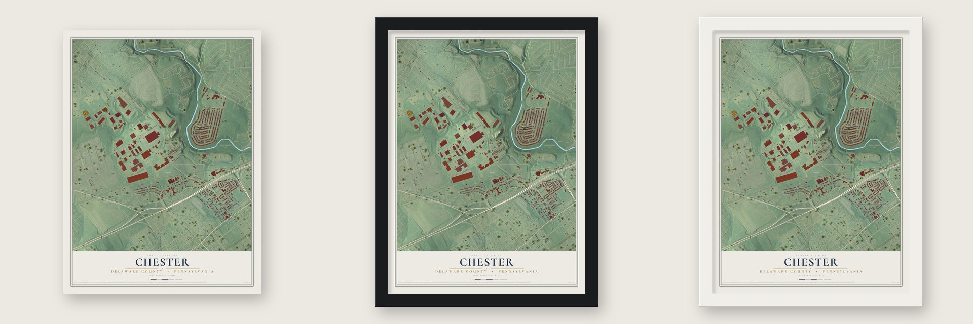 Chester, Delaware County, Pennsylvania map unframed, in a black wood frame and in a white wood frame