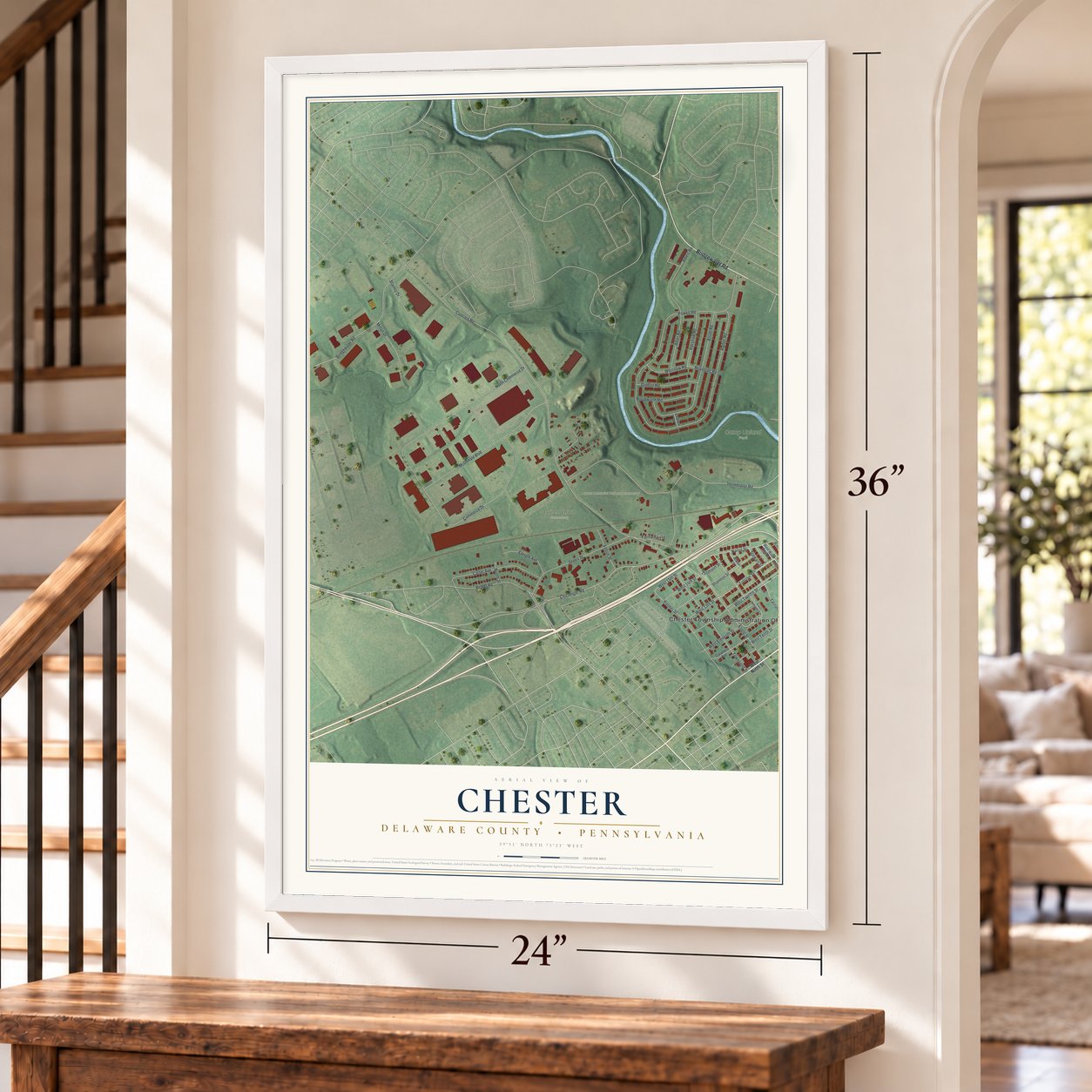 Chester, Delaware County, Pennsylvania map, 24 x 36 inch print in a white frame by a staircase