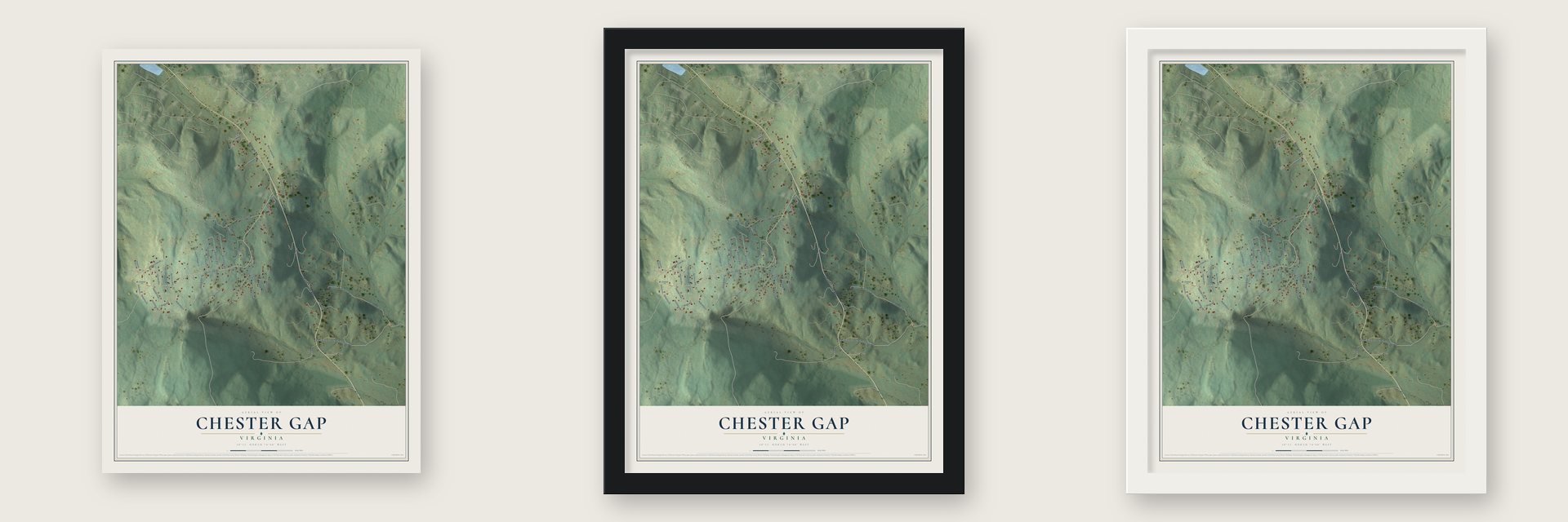 Chester Gap, Virginia map unframed, in a black wood frame and in a white wood frame
