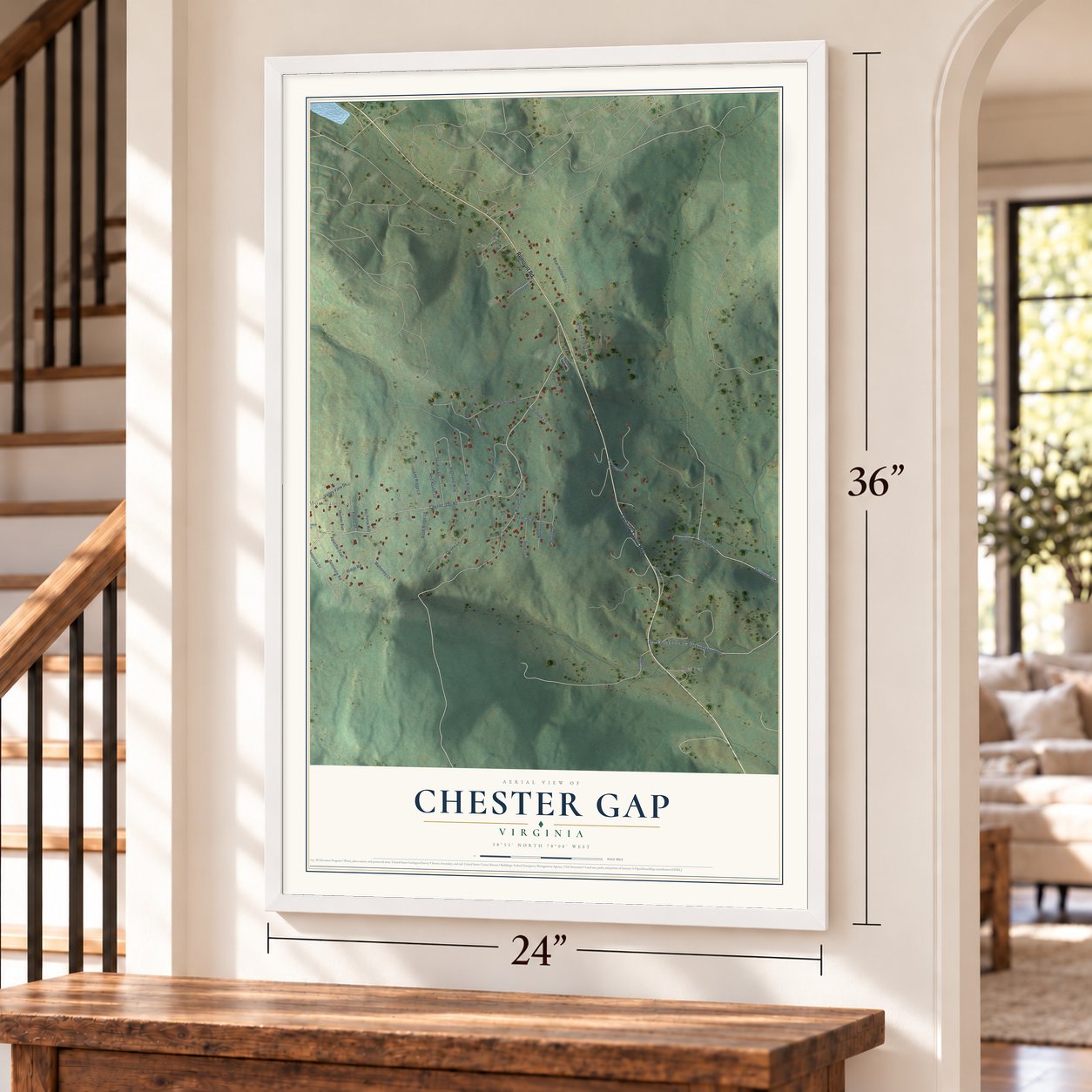 Chester Gap, Virginia map, 24 x 36 inch print in a white frame by a staircase