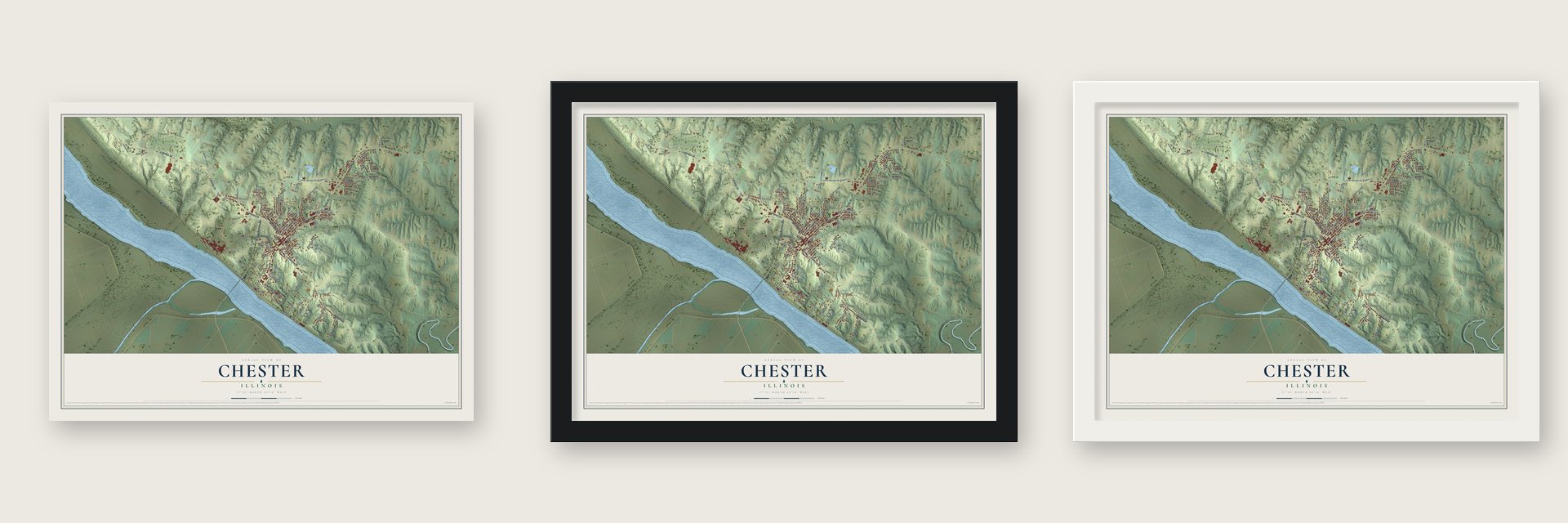 Chester, Illinois map unframed, in a black wood frame and in a white wood frame
