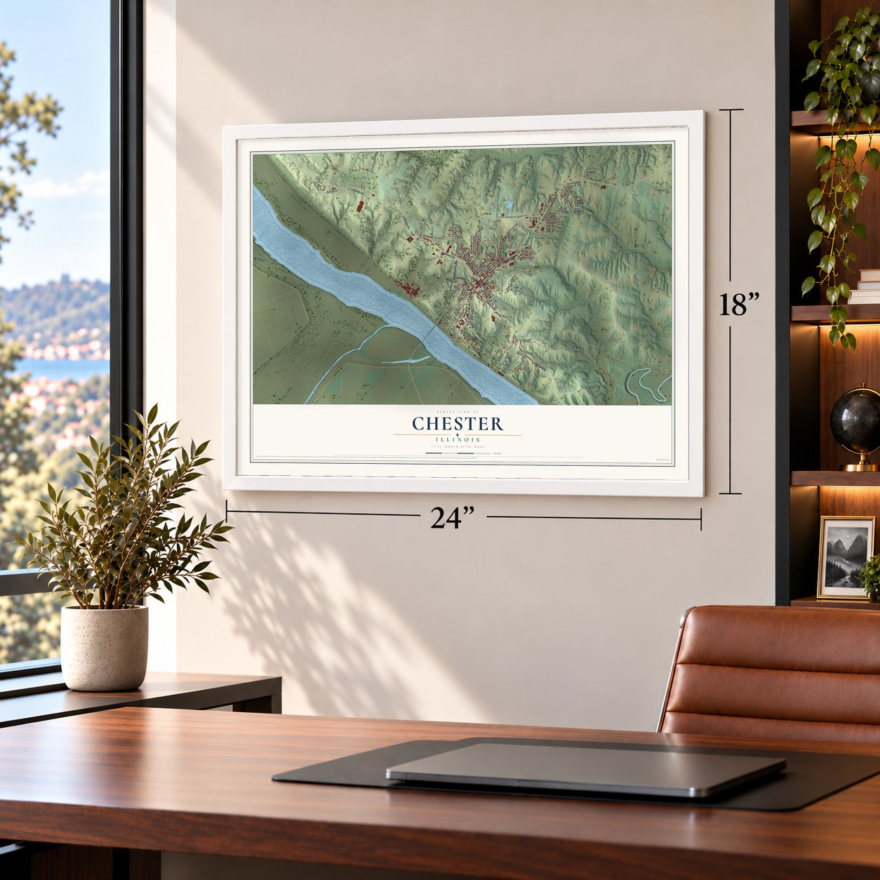 Chester, Illinois map, 18 x 24 inch print in a white frame in a home office