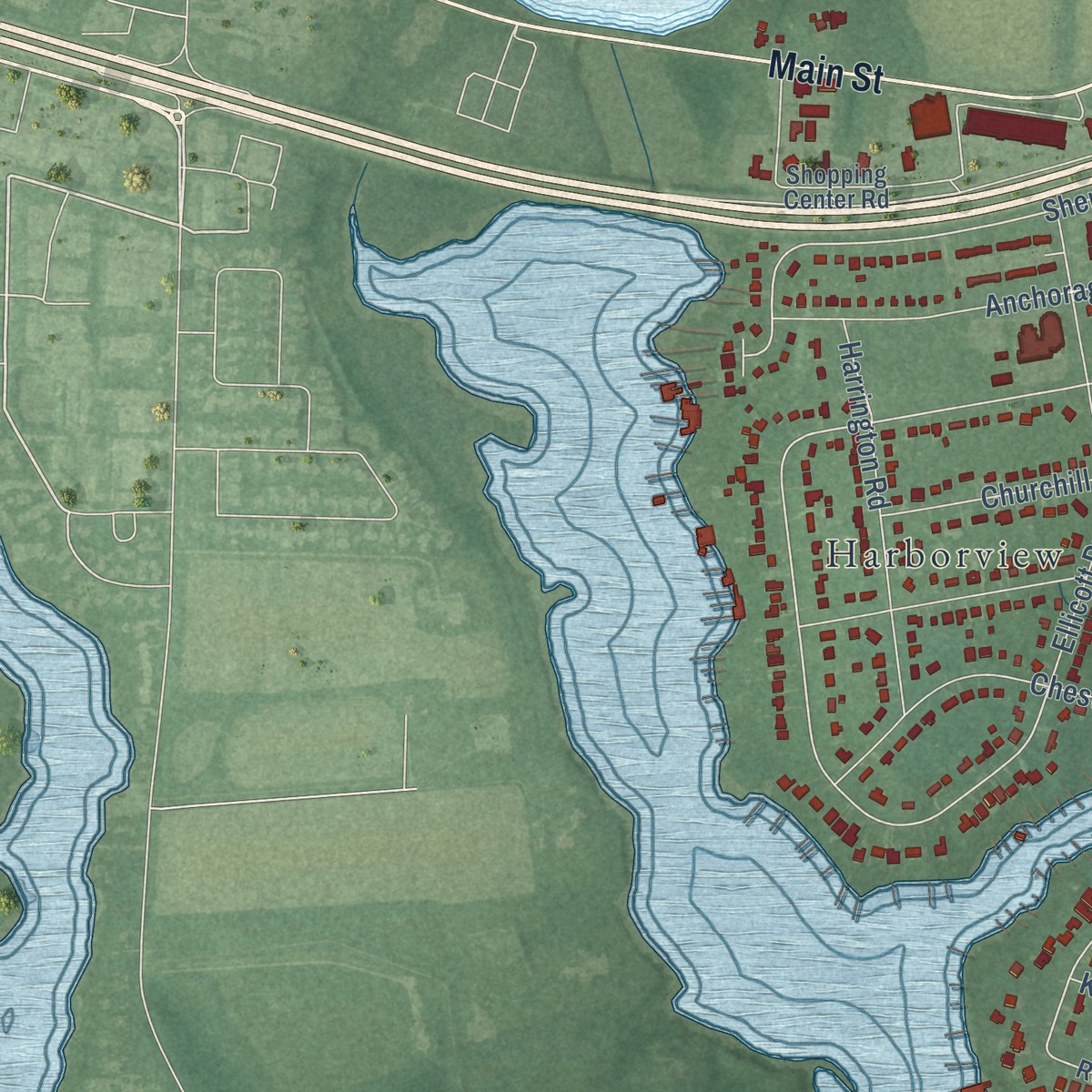 Second close-up of the map of Chester, Maryland print showing more streets and buildings