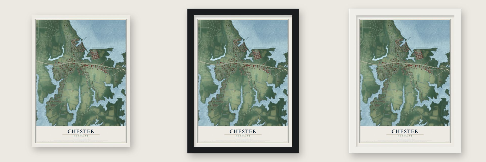 Chester, Maryland map unframed, in a black wood frame and in a white wood frame
