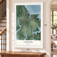 Chester, Maryland map, 24 x 36 inch print in a white frame by a staircase