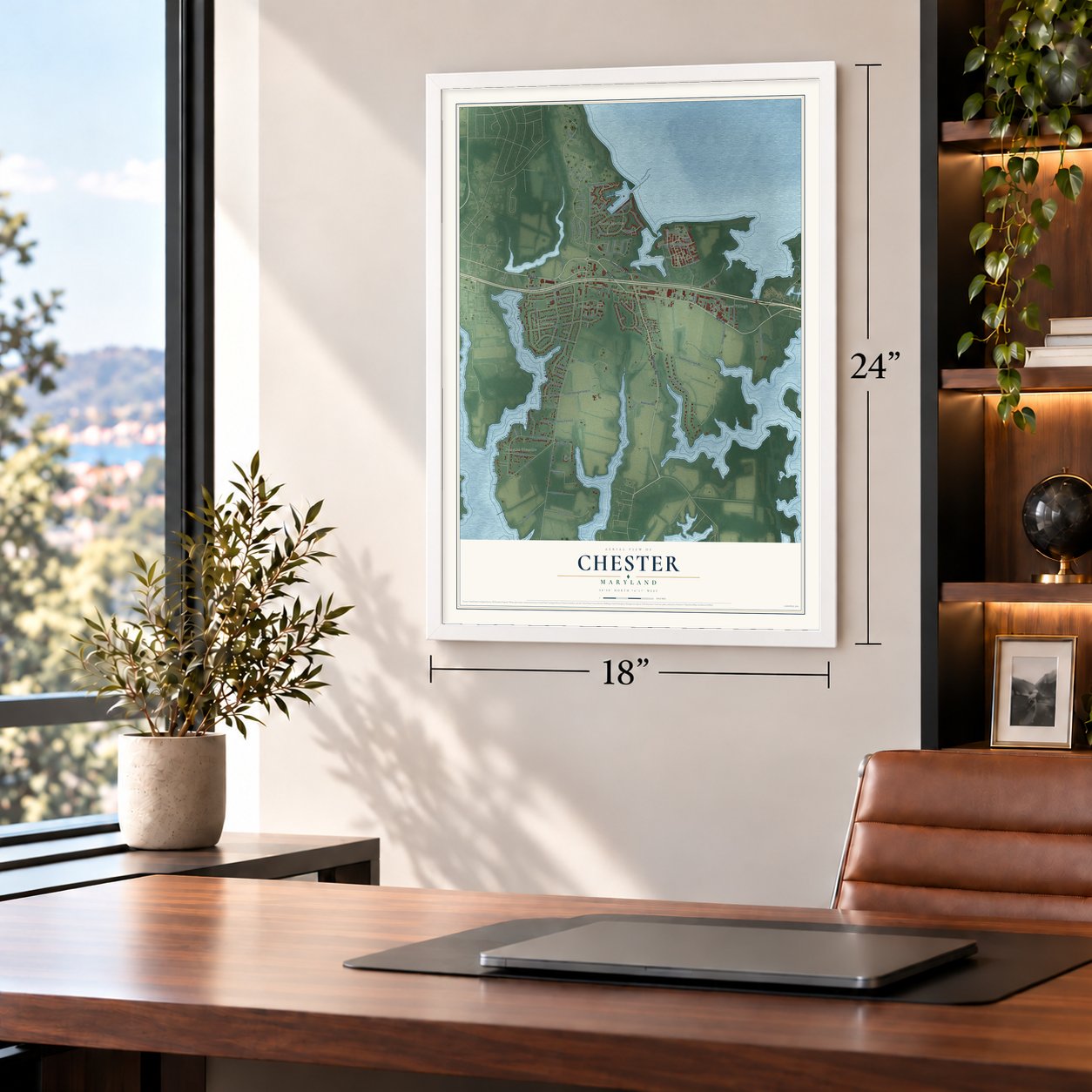 Chester, Maryland map, 18 x 24 inch print in a white frame in a home office
