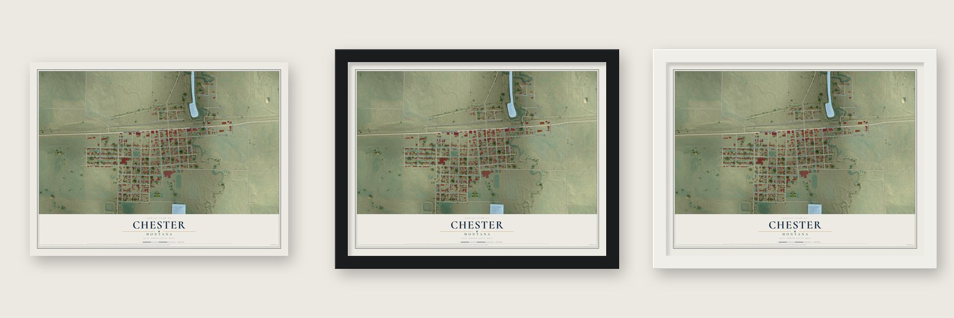 Chester, Montana map unframed, in a black wood frame and in a white wood frame