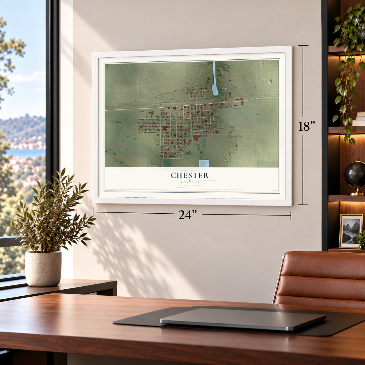 Chester, Montana map, 18 x 24 inch print in a white frame in a home office