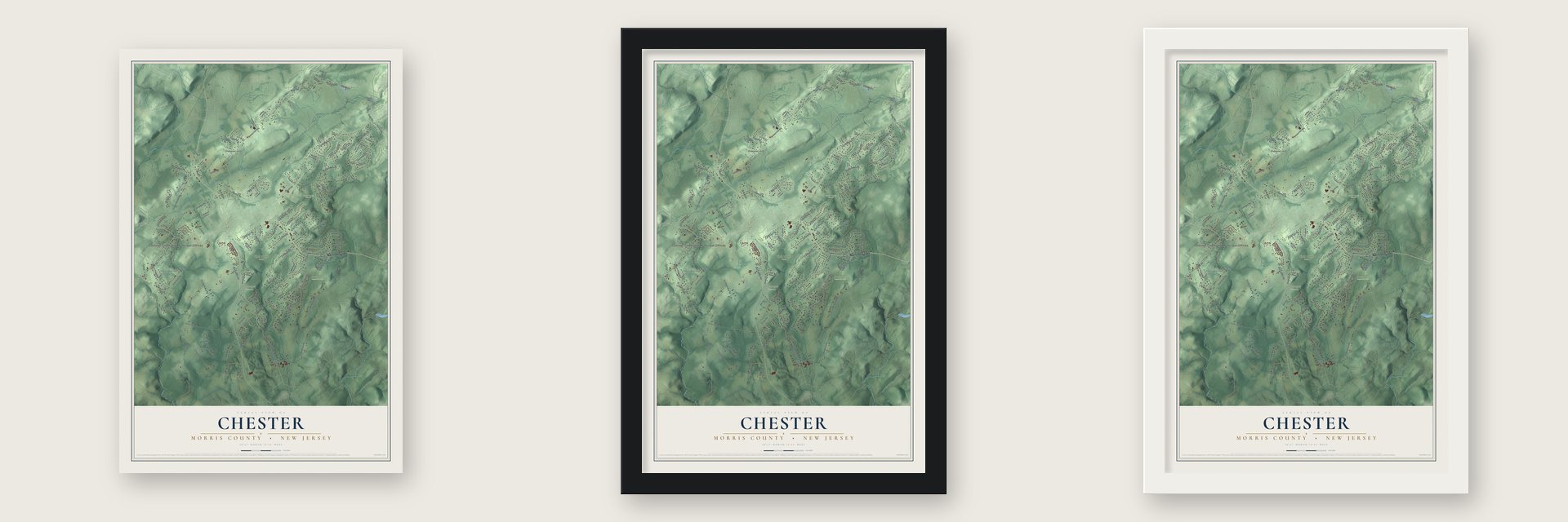 Chester, Morris County, New Jersey map unframed, in a black wood frame and in a white wood frame