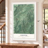 Chester, Morris County, New Jersey map, 24 x 36 inch print in a white frame by a staircase