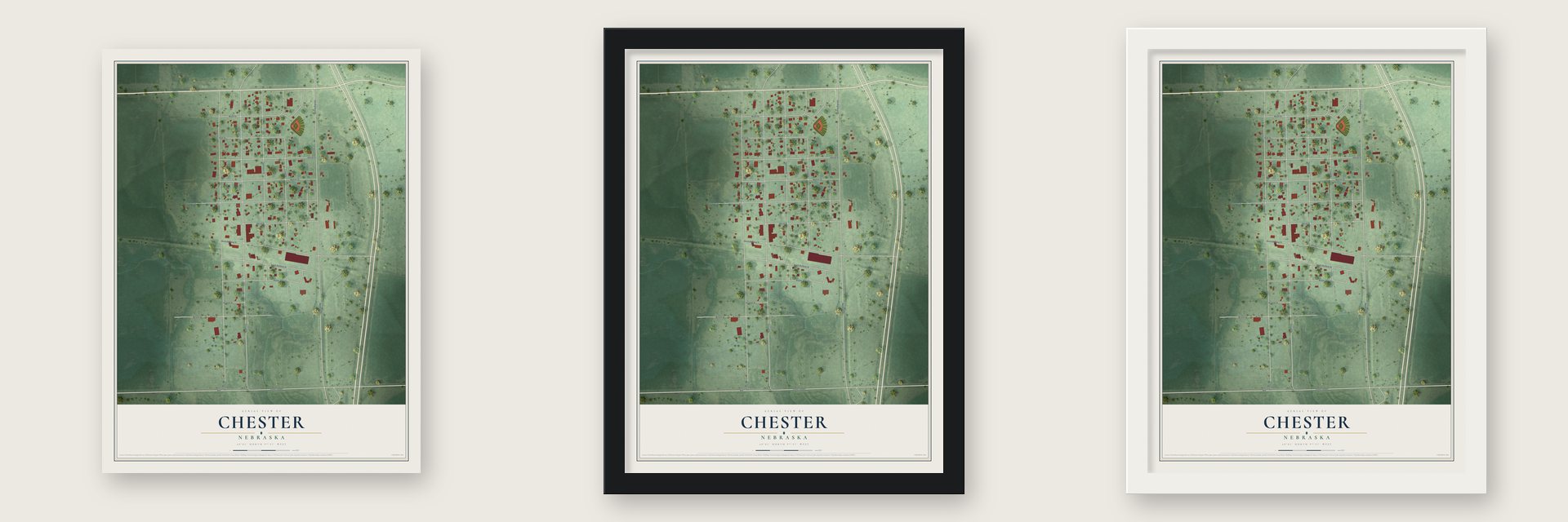 Chester, Nebraska map unframed, in a black wood frame and in a white wood frame