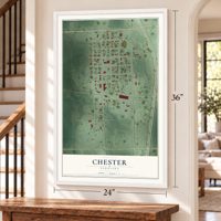 Chester, Nebraska map, 24 x 36 inch print in a white frame by a staircase
