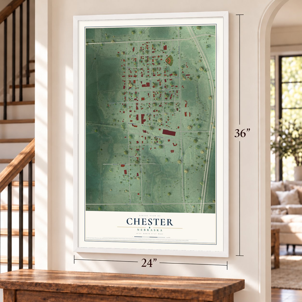 Chester, Nebraska map, 24 x 36 inch print in a white frame by a staircase