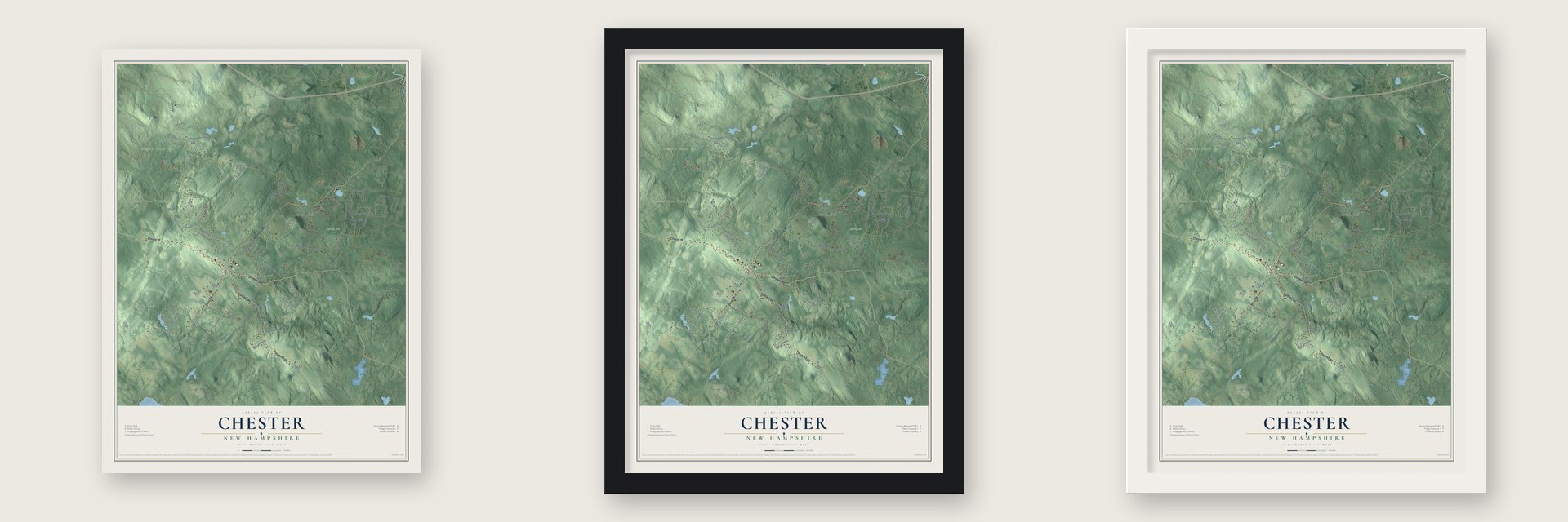 Chester, New Hampshire map unframed, in a black wood frame and in a white wood frame
