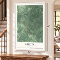 Chester, New Hampshire map, 24 x 36 inch print in a white frame by a staircase