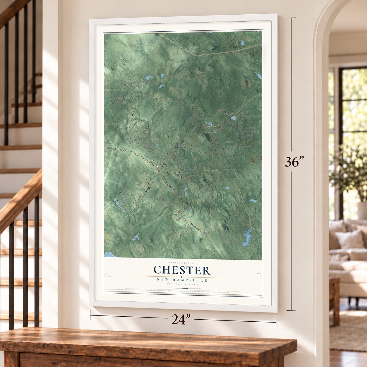 Chester, New Hampshire map, 24 x 36 inch print in a white frame by a staircase