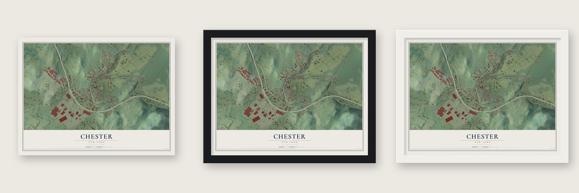 Chester, New York map unframed, in a black wood frame and in a white wood frame