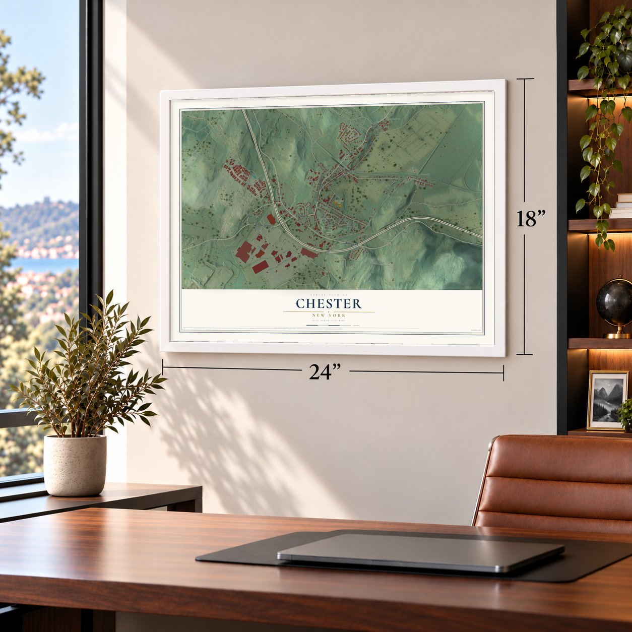 Chester, New York map, 18 x 24 inch print in a white frame in a home office