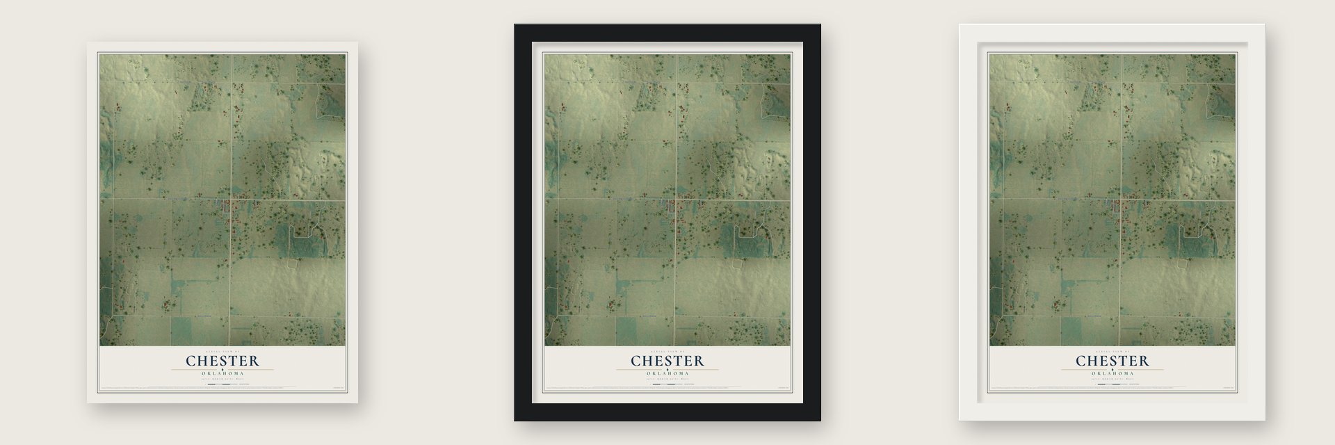 Chester, Oklahoma map unframed, in a black wood frame and in a white wood frame