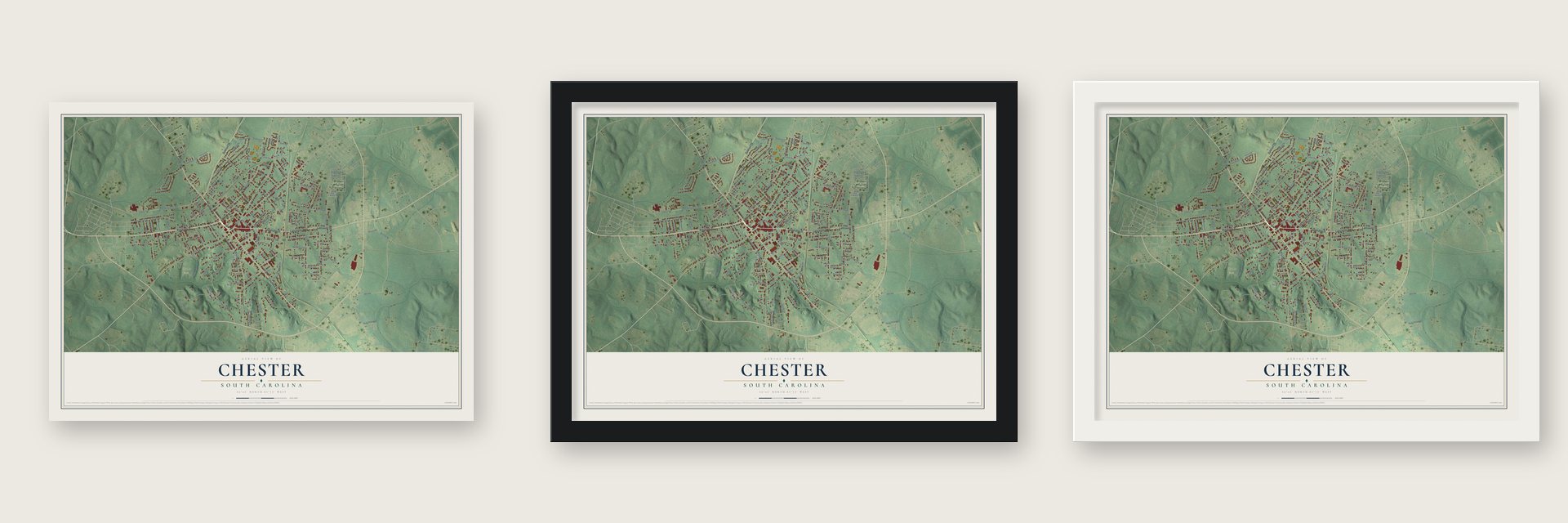 Chester, South Carolina map unframed, in a black wood frame and in a white wood frame
