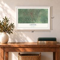 Chester, South Carolina map, 12 x 18 inch print in a white frame in an entryway