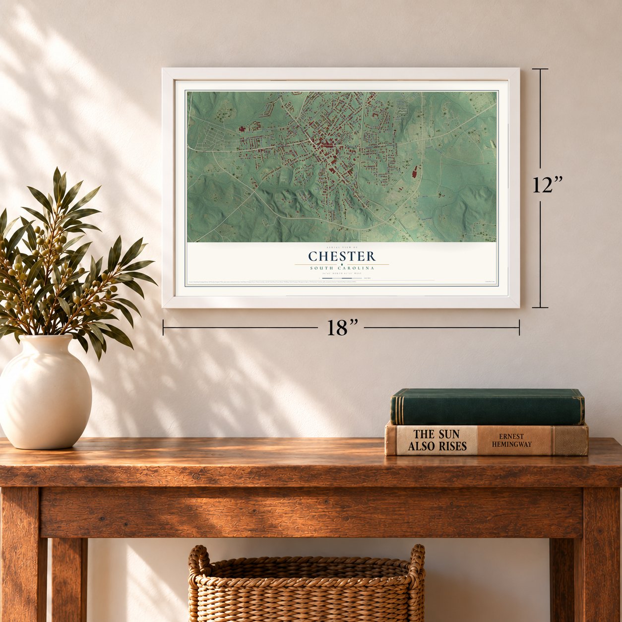 Chester, South Carolina map, 12 x 18 inch print in a white frame in an entryway