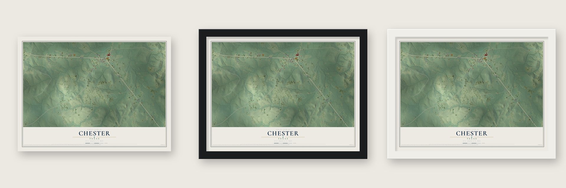 Chester, Texas map unframed, in a black wood frame and in a white wood frame