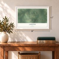 Chester, Texas map, 12 x 18 inch print in a white frame in an entryway