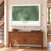 Chester, Texas map, 24 x 36 inch print in a white frame above a dresser by a staircase